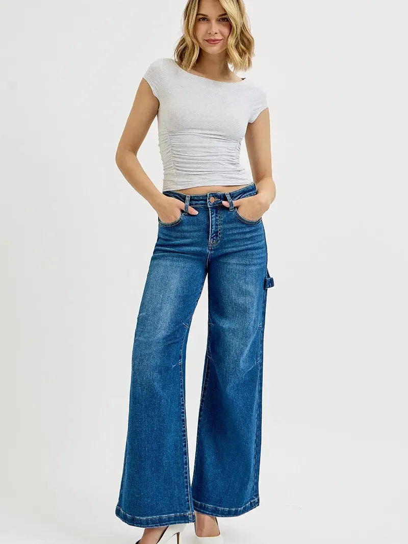 Risen Crush Patch High Rise Wide Leg Patch Detailed Jeans-Women's Jeans-Shop Z & Joxa