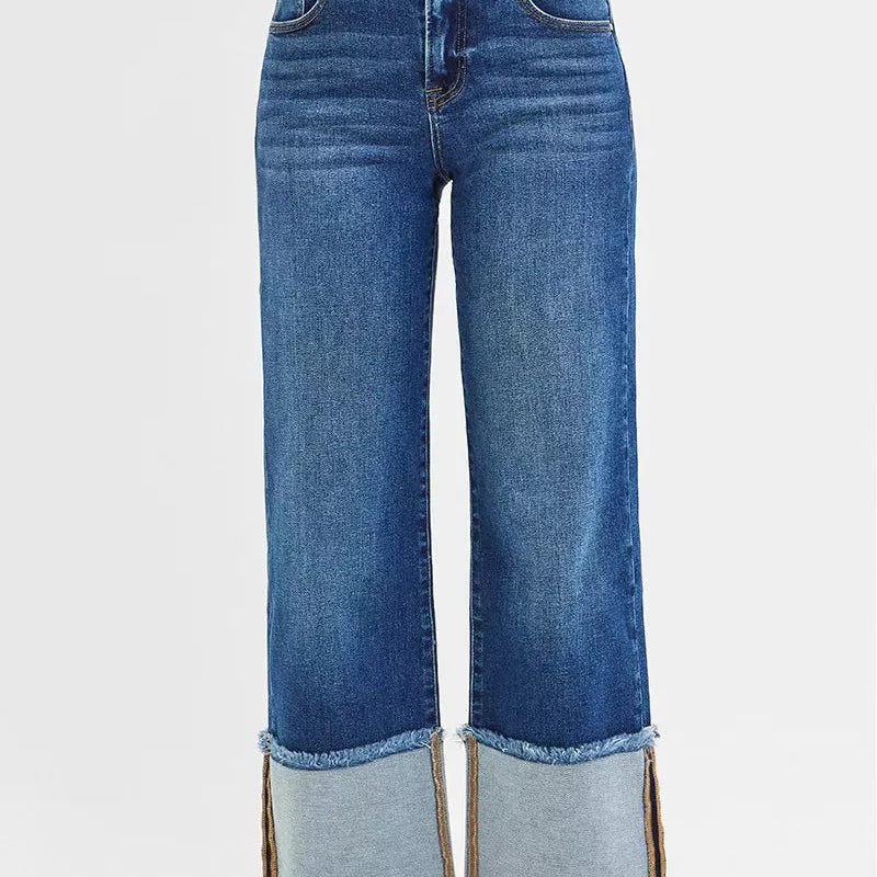 Risen Cuff Impact Mid Rise Crop Wide Cuffed Jeans-Women's Jeans-Shop Z & Joxa