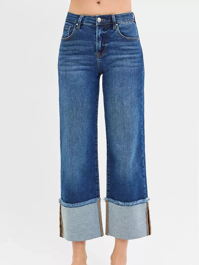 Risen Cuff Impact Mid Rise Crop Wide Cuffed Jeans-Women's Jeans-Shop Z & Joxa
