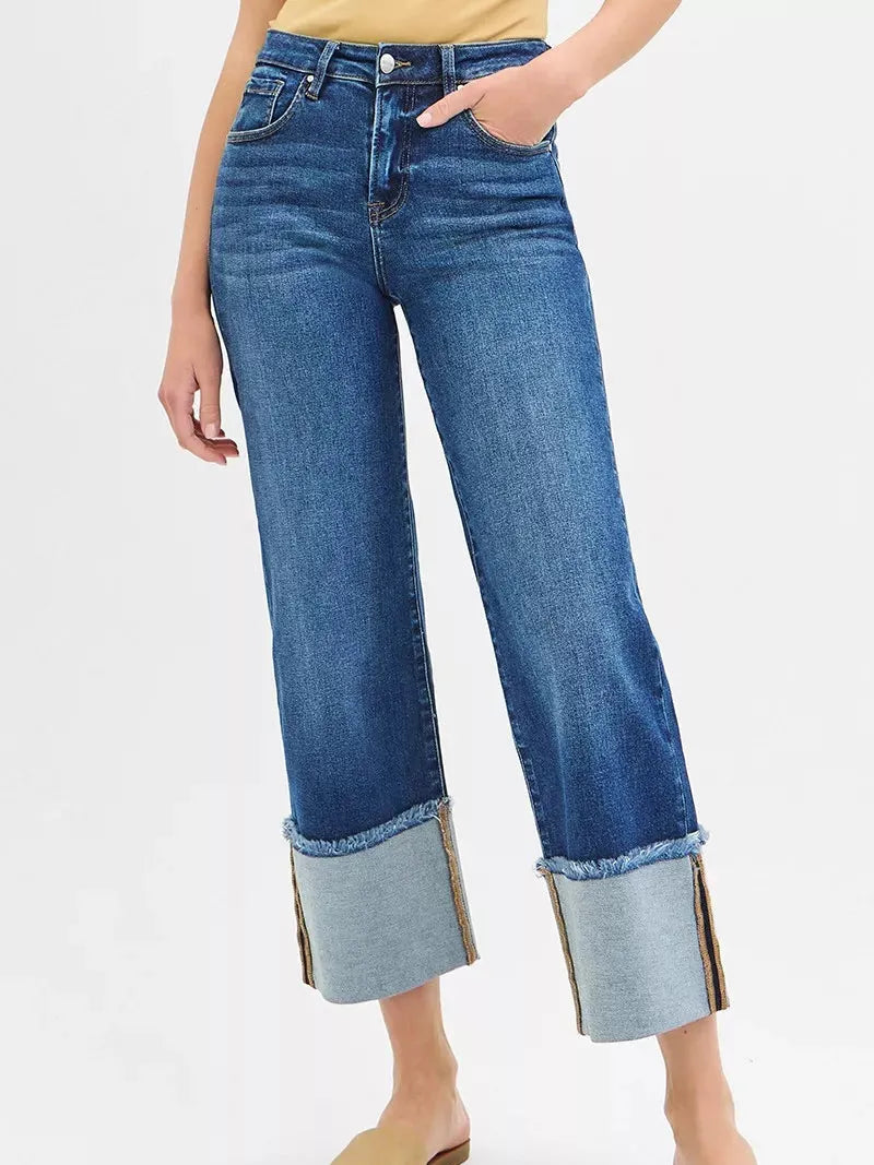 Risen Cuff Impact Mid Rise Crop Wide Cuffed Jeans-Women's Jeans-Shop Z & Joxa