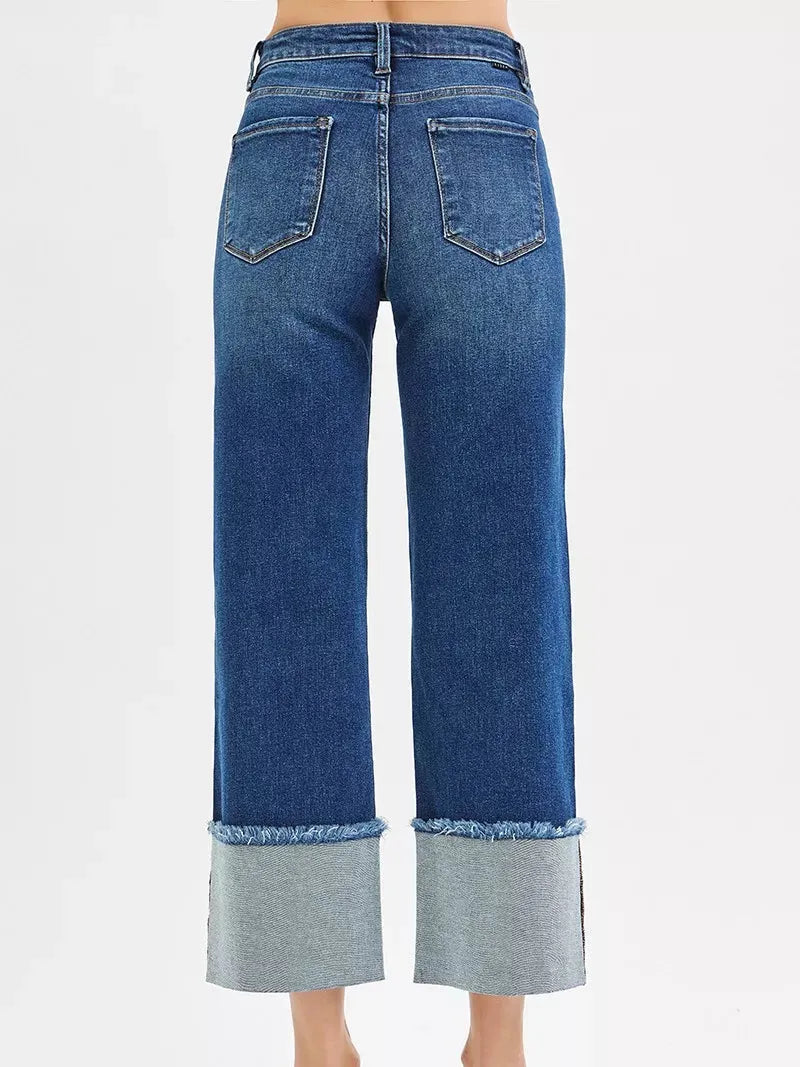 Risen Cuff Impact Mid Rise Crop Wide Cuffed Jeans-Women's Jeans-Shop Z & Joxa