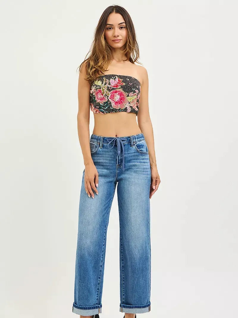 Risen Cuffed Comfort Slouch Ankle Boyfriend Cuffed Hem Jeans-Women's Jeans-Shop Z & Joxa