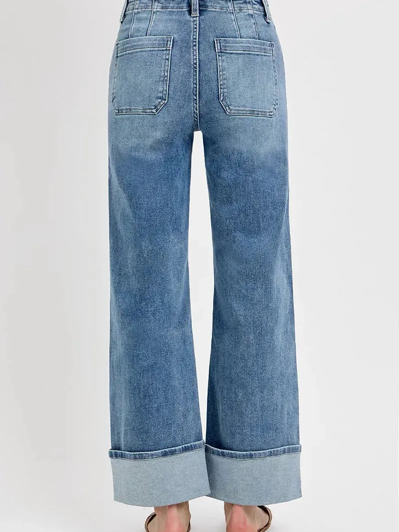 Risen Cuffed in Stone High Rise Patch Pocket Wide Cuffed Jeans-Women's Jeans-Shop Z & Joxa