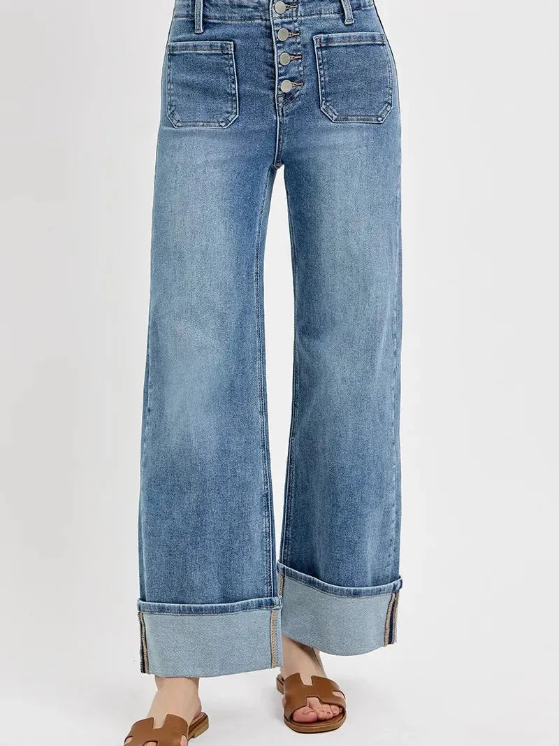 Risen Cuffed in Stone High Rise Patch Pocket Wide Cuffed Jeans-Women's Jeans-Shop Z & Joxa