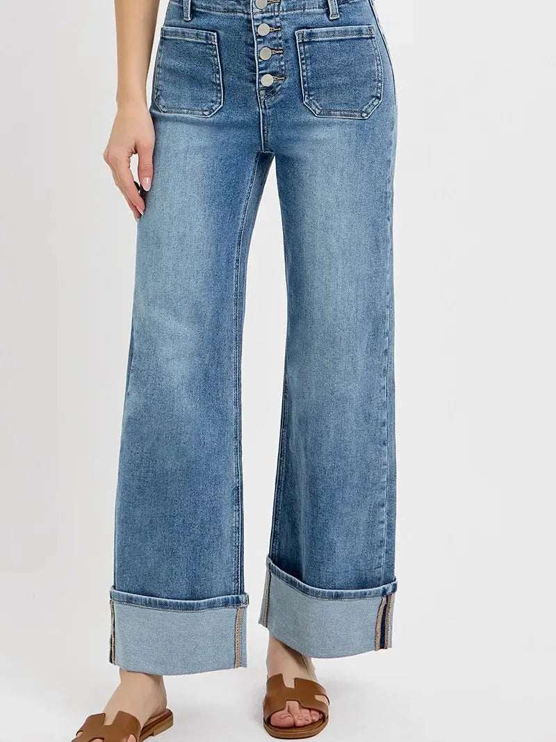 Risen Cuffed in Stone High Rise Patch Pocket Wide Cuffed Jeans-Women's Jeans-Shop Z & Joxa