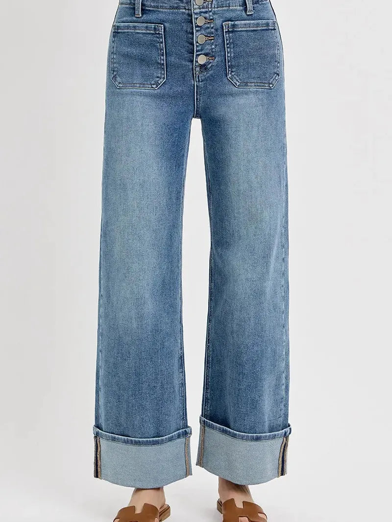 Risen Cuffed in Stone High Rise Patch Pocket Wide Cuffed Jeans-Women's Jeans-Shop Z & Joxa