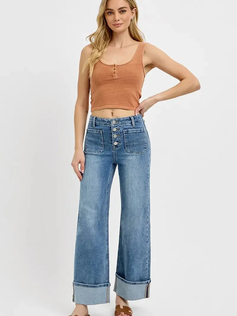 Risen Cuffed in Stone High Rise Patch Pocket Wide Cuffed Jeans-Women's Jeans-Shop Z & Joxa