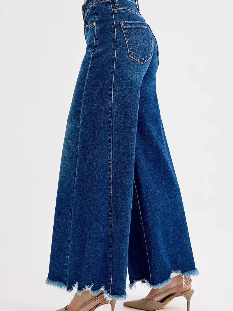 Risen Dark Elevation High Rise Wide Leg Raw Hem Ankle Jeans-Women's Jeans-Shop Z & Joxa