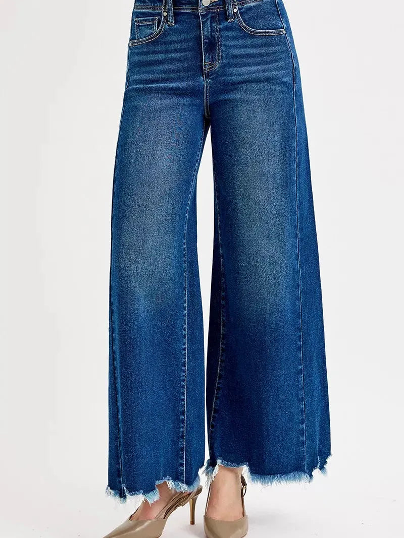 Risen Dark Elevation High Rise Wide Leg Raw Hem Ankle Jeans-Women's Jeans-Shop Z & Joxa
