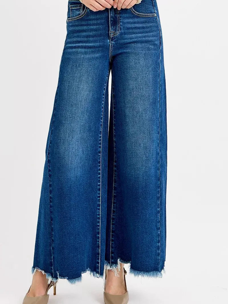 Risen Dark Elevation High Rise Wide Leg Raw Hem Ankle Jeans-Women's Jeans-Shop Z & Joxa
