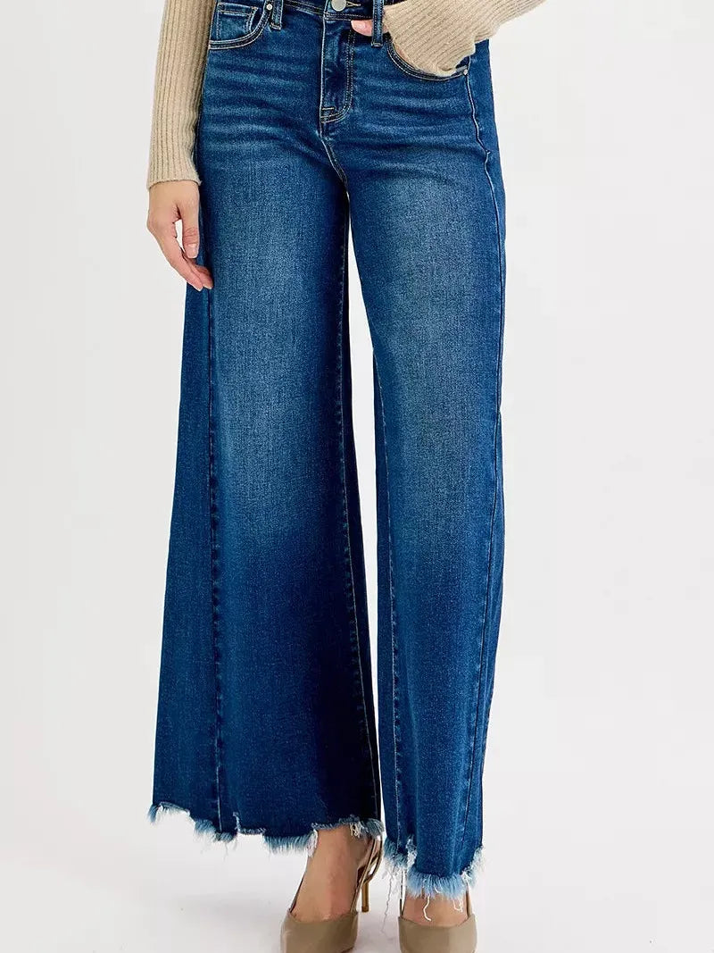Risen Dark Elevation High Rise Wide Leg Raw Hem Ankle Jeans-Women's Jeans-Shop Z & Joxa