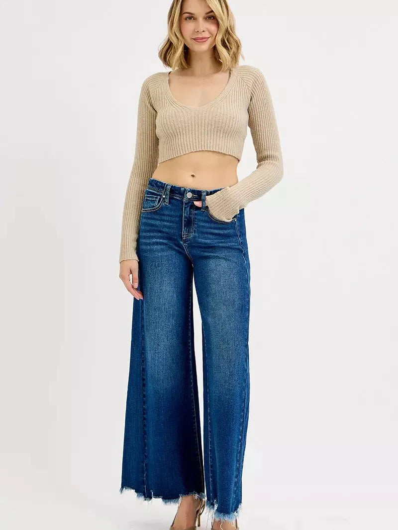 Risen Dark Elevation High Rise Wide Leg Raw Hem Ankle Jeans-Women's Jeans-Shop Z & Joxa