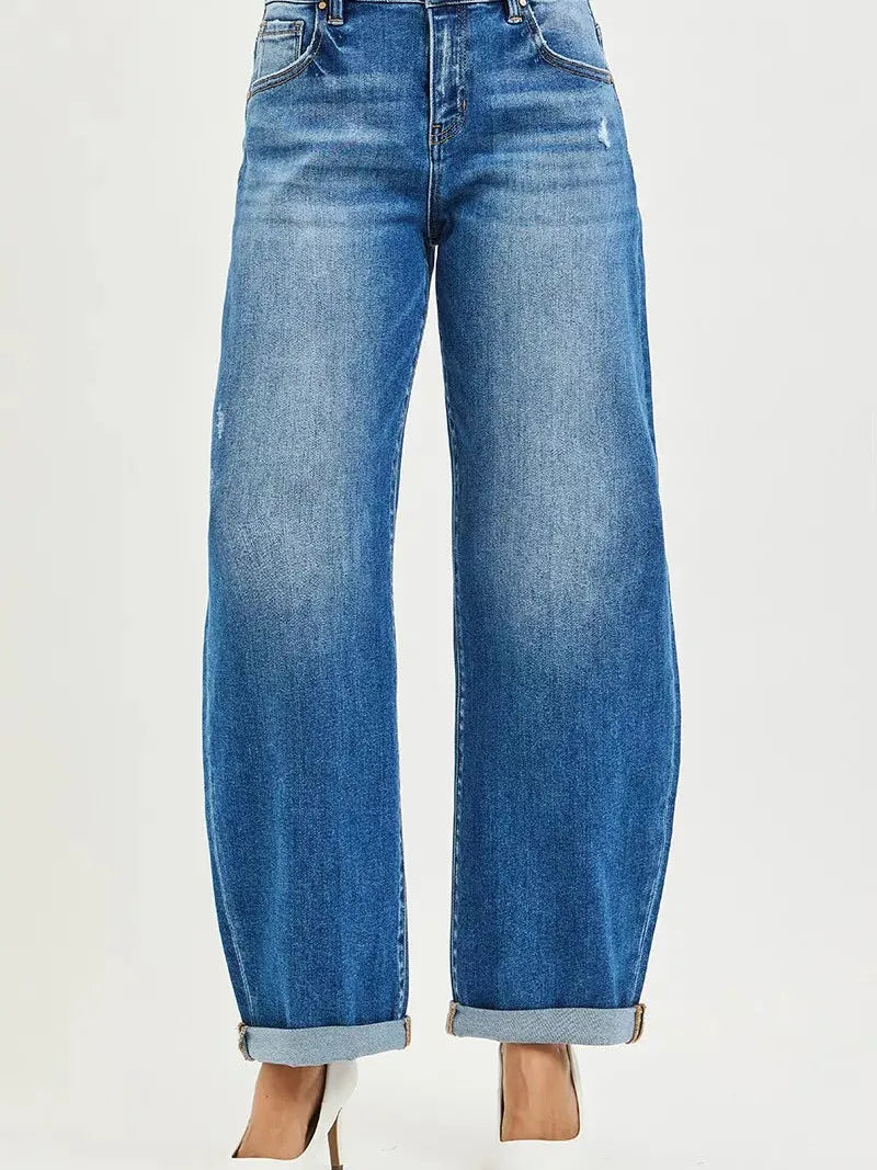 Risen Double Take Mid Rise Double Roll Up Crop Barrel Jeans-Women's Jeans-Shop Z & Joxa