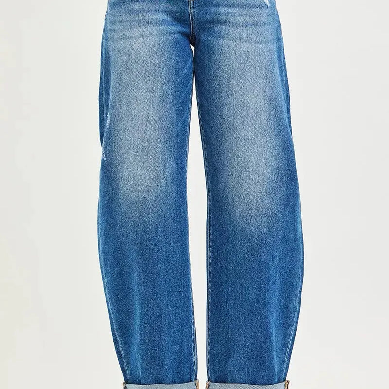 Risen Double Take Mid Rise Double Roll Up Crop Barrel Jeans-Women's Jeans-Shop Z & Joxa