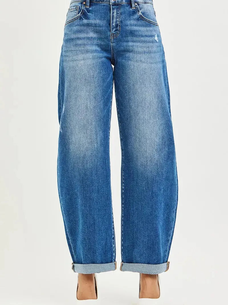 Risen Double Take Mid Rise Double Roll Up Crop Barrel Jeans-Women's Jeans-Shop Z & Joxa