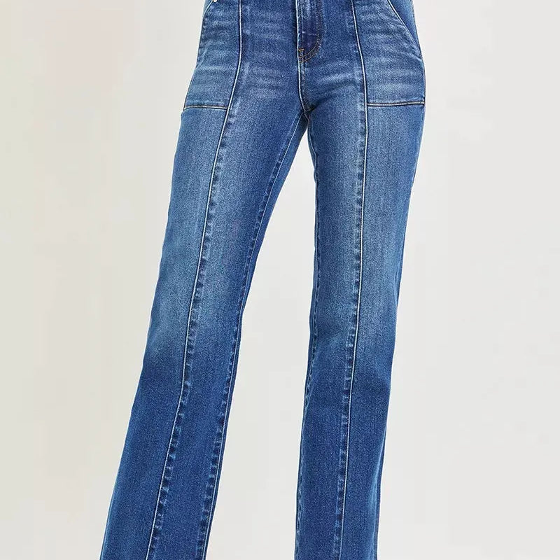 Risen Downtown Straight High Rise Patch Pocket Seamed Jeans-Women's Jeans-Shop Z & Joxa