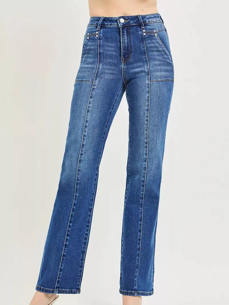 Risen Downtown Straight High Rise Patch Pocket Seamed Jeans-Women's Jeans-Shop Z & Joxa