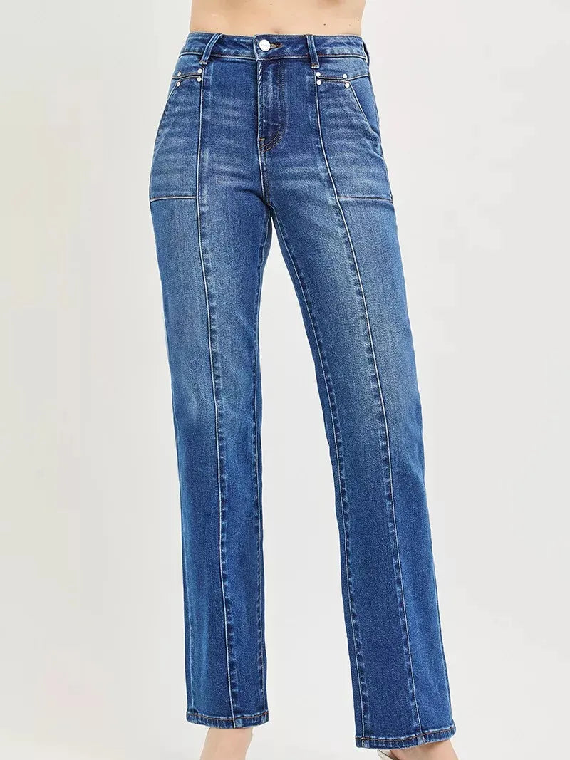 Risen Downtown Straight High Rise Patch Pocket Seamed Jeans-Women's Jeans-Shop Z & Joxa