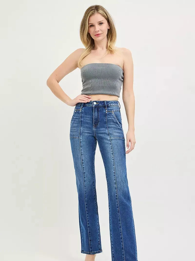 Risen Downtown Straight High Rise Patch Pocket Seamed Jeans-Women's Jeans-Shop Z & Joxa