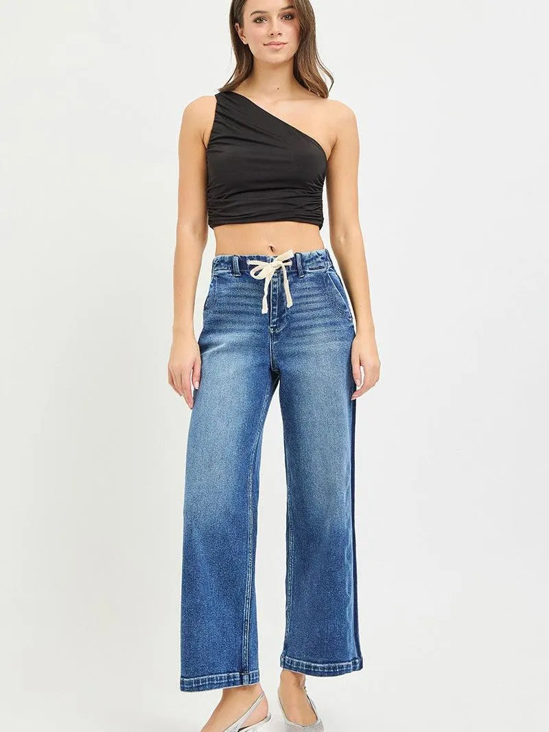 Risen Drawn to Denim Elastic High Rise Wide Cropped Jeans-Women's Jeans-Shop Z & Joxa