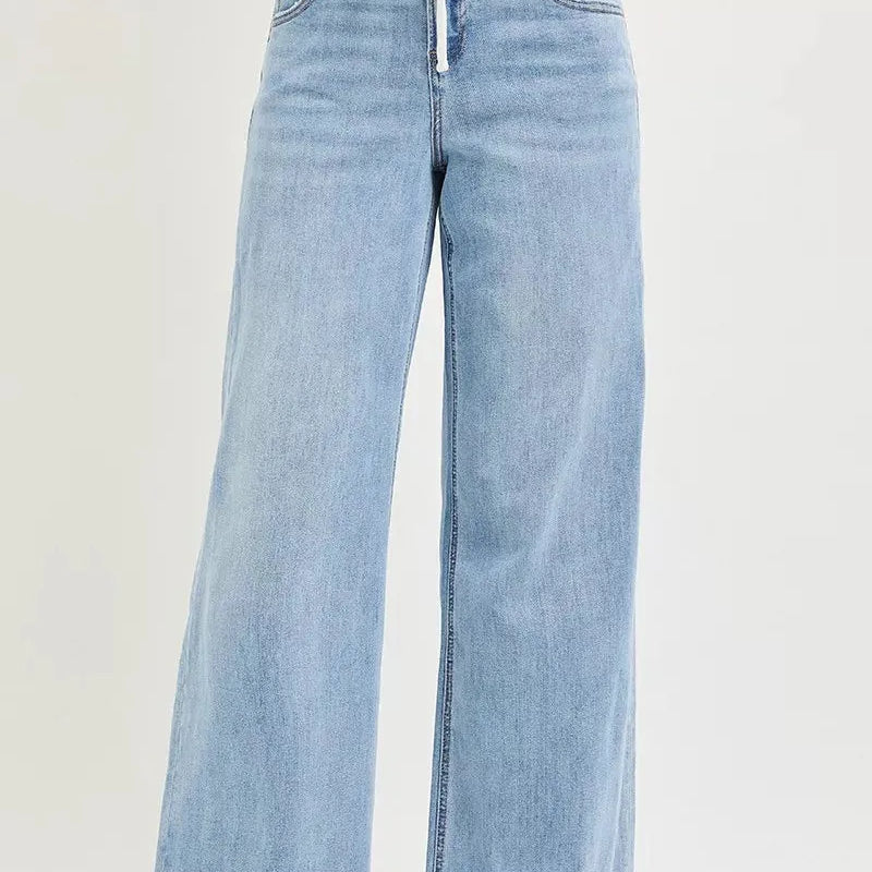 Risen Easy Street Elastic Waist Slouchy Wide Jeans with Drawstring-Women's Jeans-Shop Z & Joxa