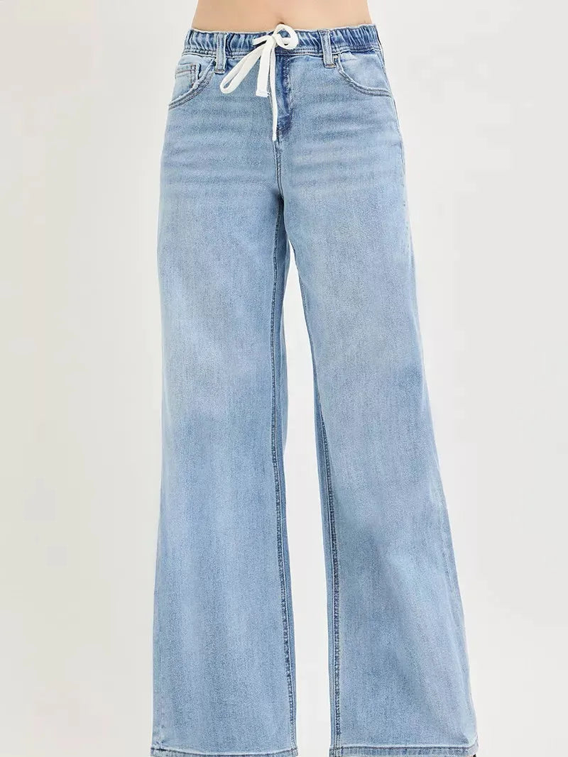 Risen Easy Street Elastic Waist Slouchy Wide Jeans with Drawstring-Women's Jeans-Shop Z & Joxa