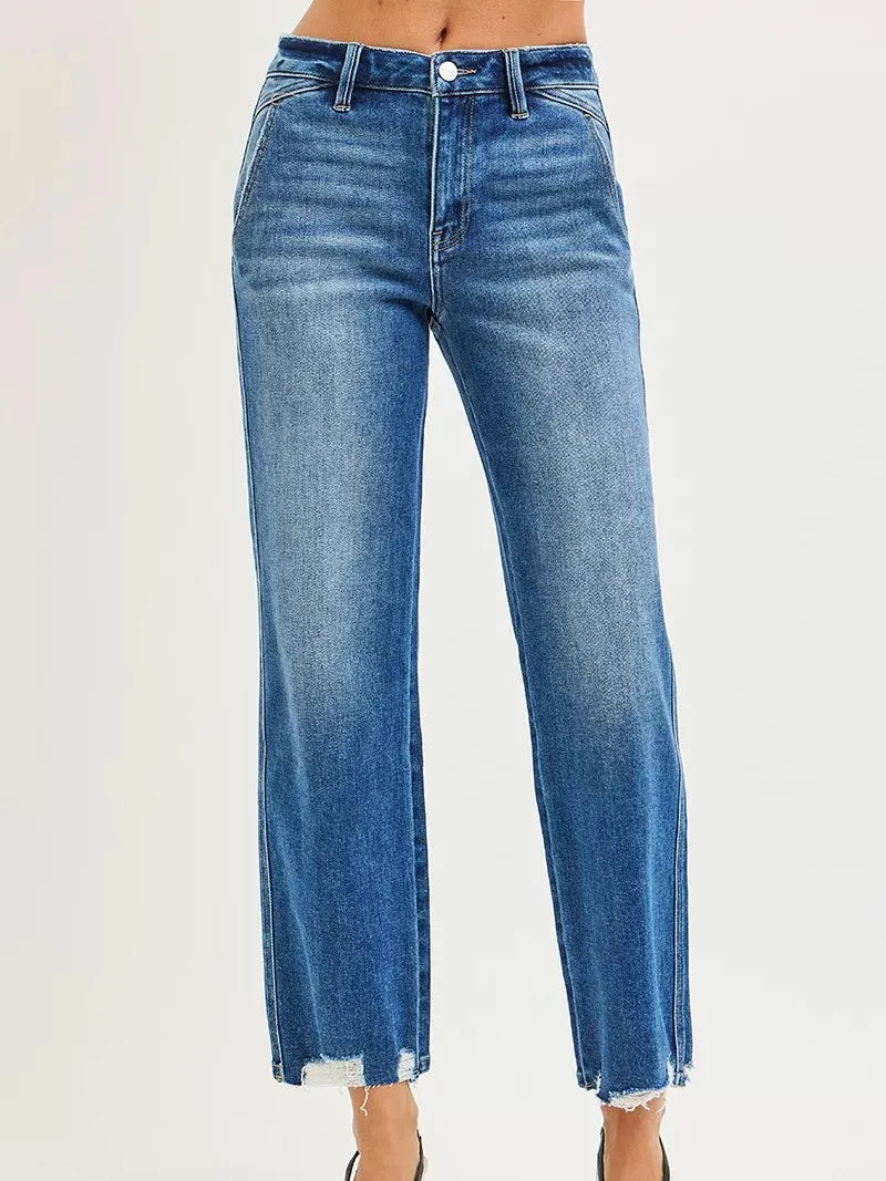 Risen Edge Appeal High Rise Ankle Distressed Hem Detail Jeans-Women's Jeans-Shop Z & Joxa