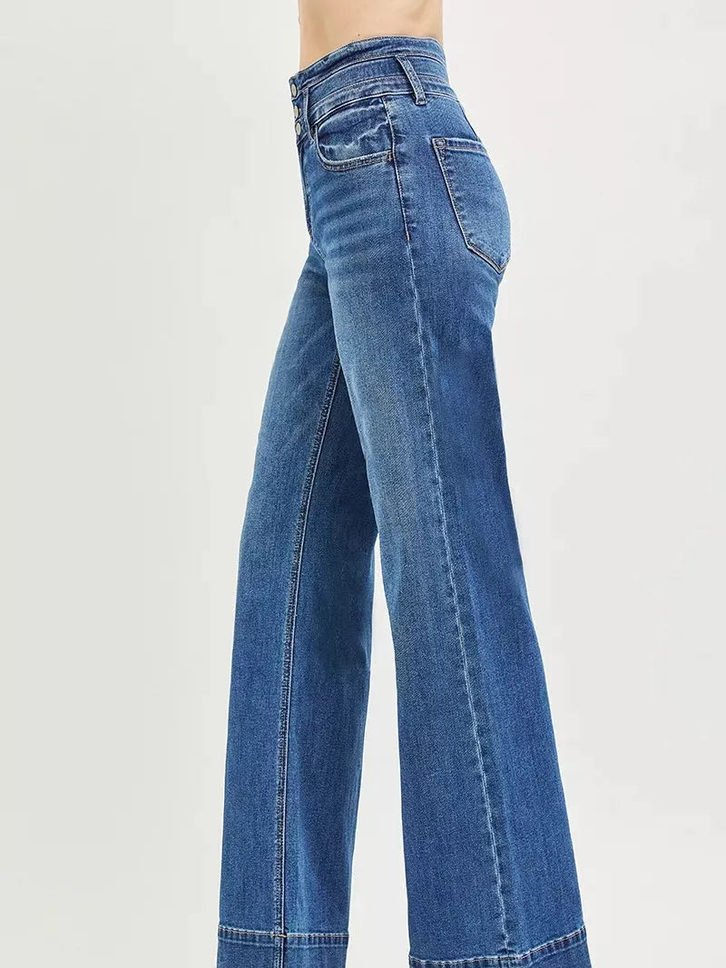 Risen Elevated Ease High Rise Wide Leg Wide Band Detail Jeans-Women's Jeans-Shop Z & Joxa