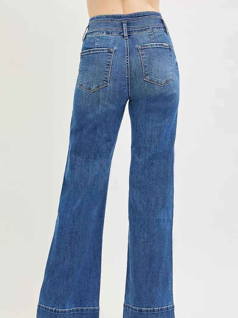 Risen Elevated Ease High Rise Wide Leg Wide Band Detail Jeans-Women's Jeans-Shop Z & Joxa
