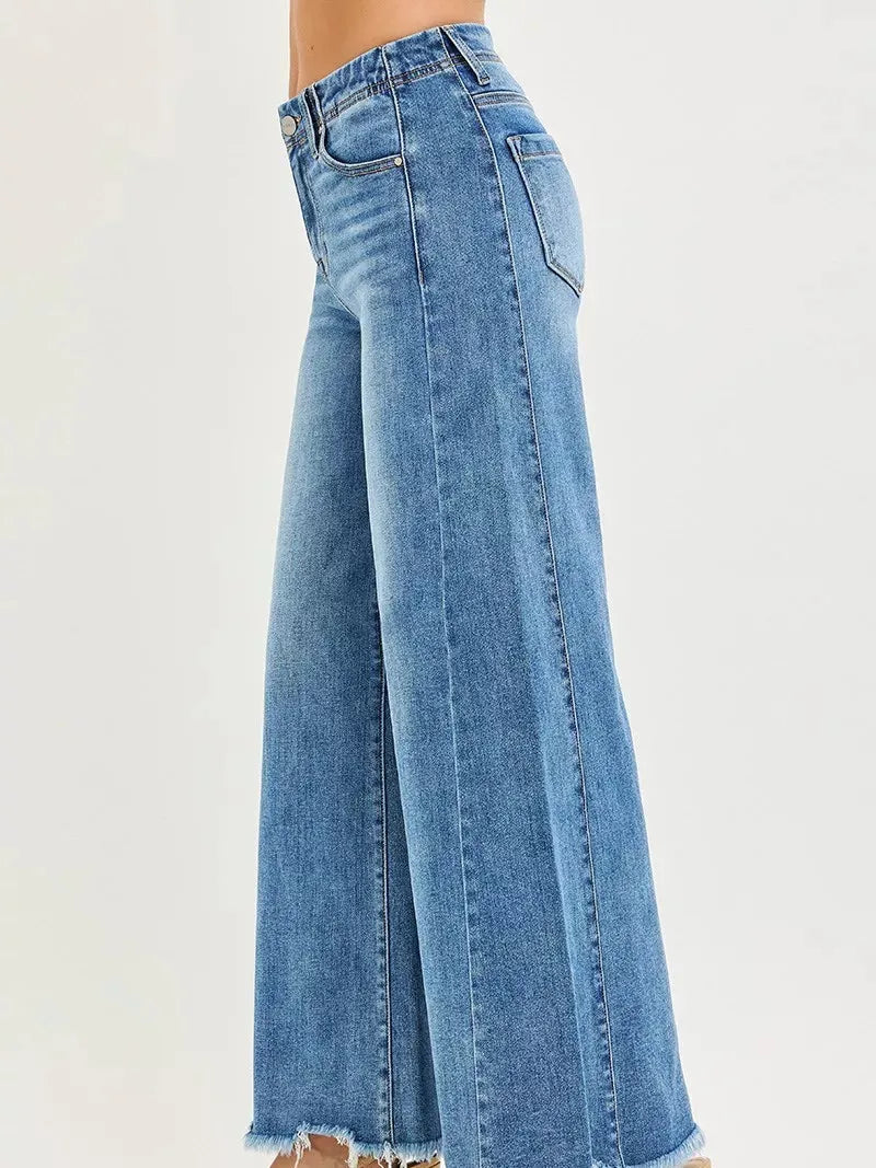 Risen Elevation High Rise Wide Leg Ankle Jeans Medium Wash-Women's Jeans-Shop Z & Joxa