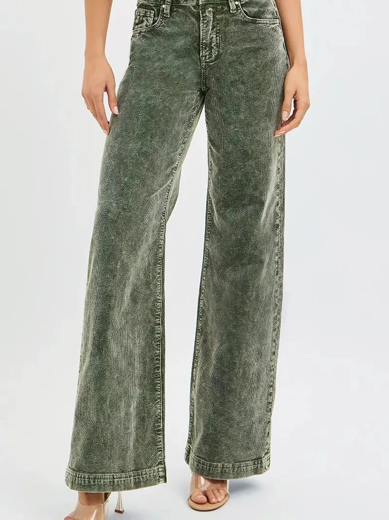 Risen Evergreen Charm High Rise Wide Leg Corduroy Jeans-Women's Jeans-Shop Z & Joxa