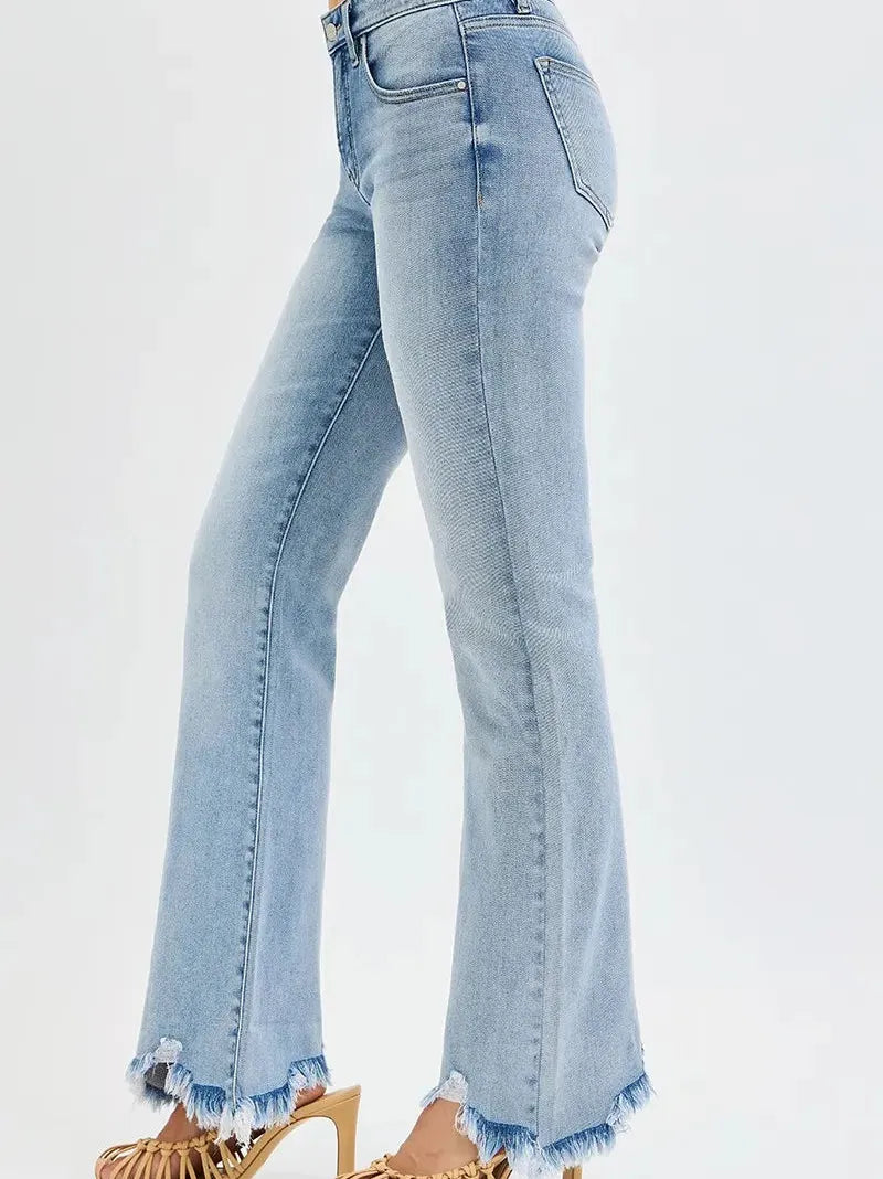 Risen Flirt and Flare Fray Hem Tummy Control Mid Rise Flare Jeans-Women's Jeans-Shop Z & Joxa