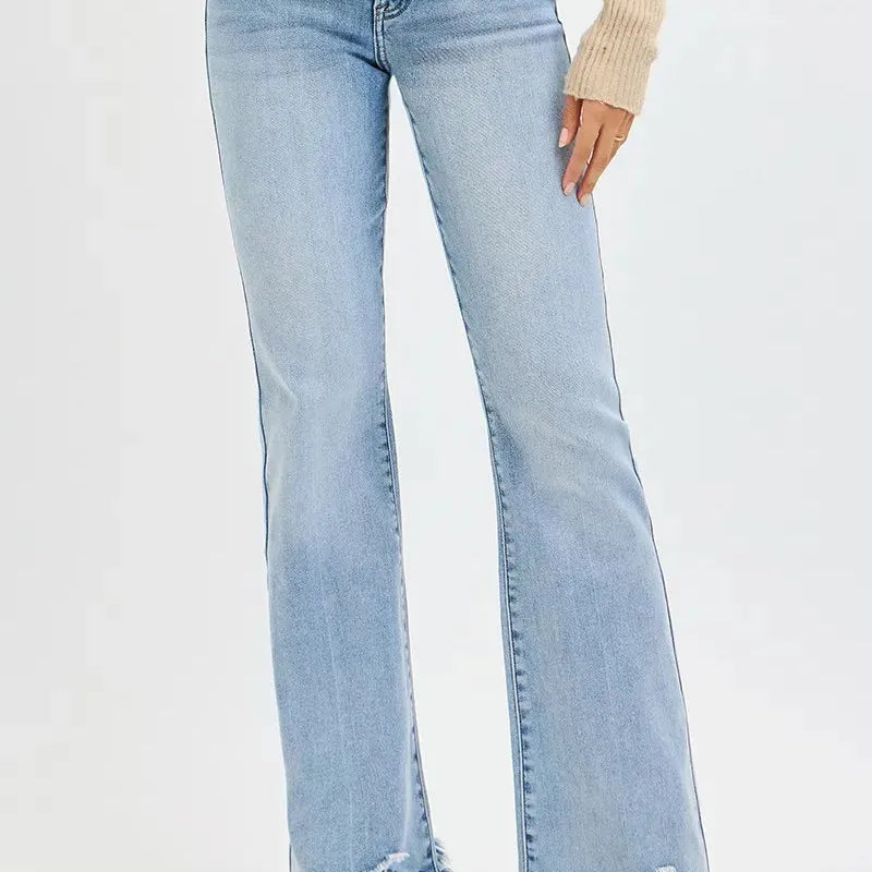 Risen Flirt and Flare Fray Hem Tummy Control Mid Rise Flare Jeans-Women's Jeans-Shop Z & Joxa