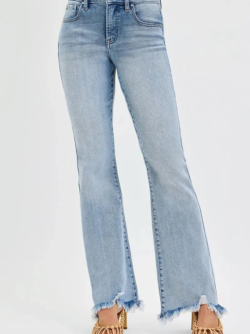 Risen Flirt and Flare Fray Hem Tummy Control Mid Rise Flare Jeans-Women's Jeans-Shop Z & Joxa