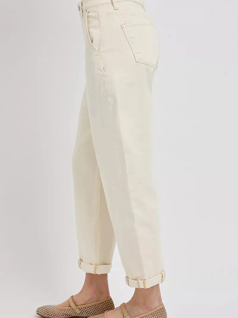 Risen Gentle Wave High Rise Barrel Cuffed Cropped Ivory Denim-Women's Jeans-Shop Z & Joxa