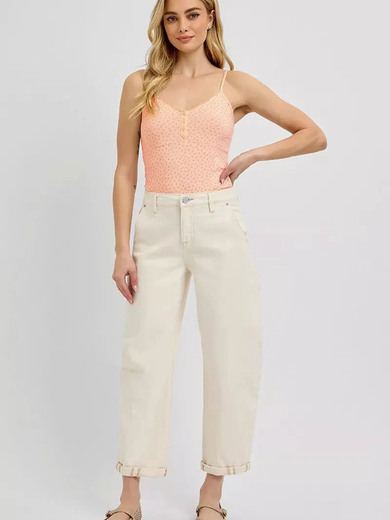 Risen Gentle Wave High Rise Barrel Cuffed Cropped Ivory Denim-Women's Jeans-Shop Z & Joxa