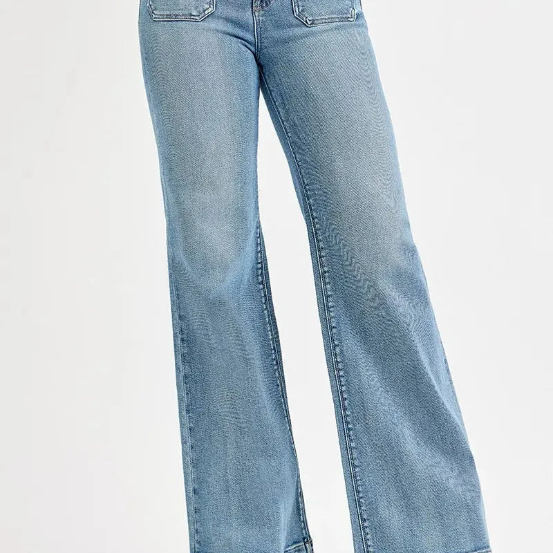 Risen Groove Revival High Rise Wide Flare Patch Pocket Jeans Plus-Women's Jeans-Shop Z & Joxa