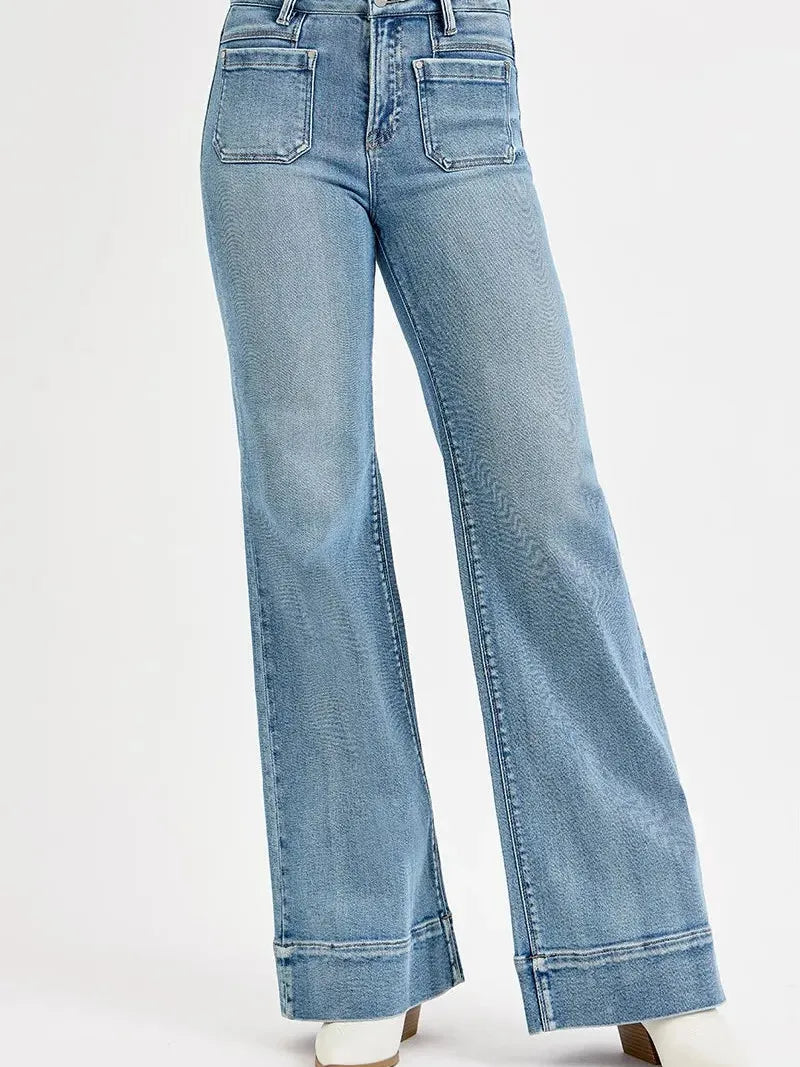 Risen Groove Revival High Rise Wide Flare Patch Pocket Jeans Plus-Women's Jeans-Shop Z & Joxa