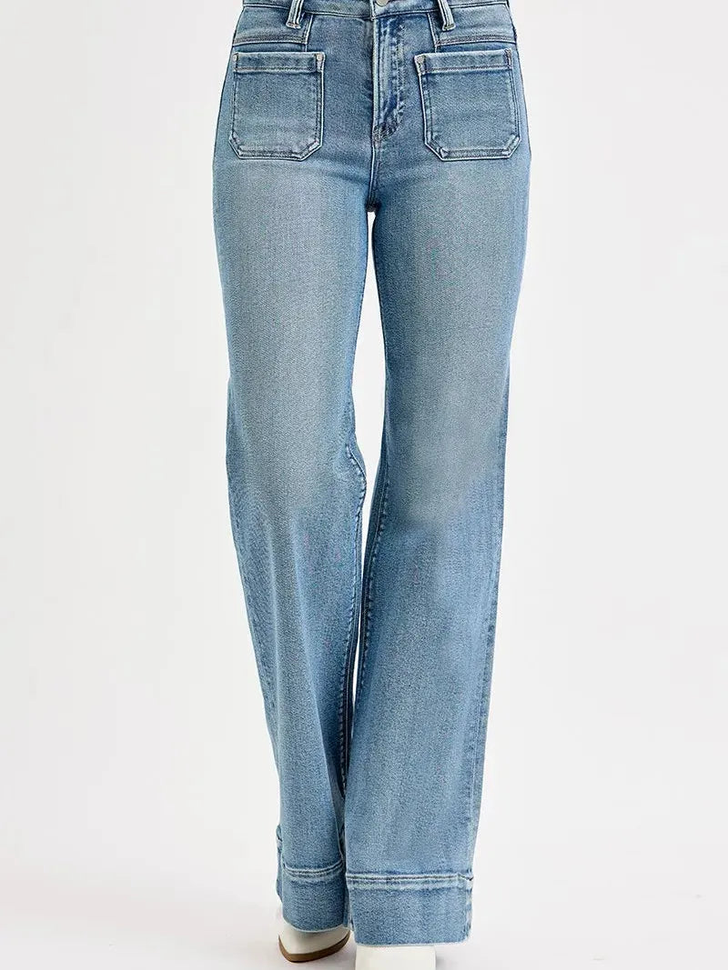 Risen Groove Revival High Rise Wide Flare Patch Pocket Jeans Plus-Women's Jeans-Shop Z & Joxa