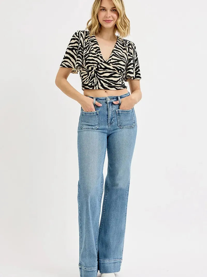 Risen Groove Revival High Rise Wide Flare Patch Pocket Jeans Plus-Women's Jeans-Shop Z & Joxa