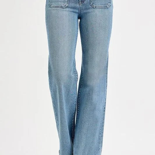 Risen Groove Revival High Rise Wide Flare Patch Pocket Jeans-Women's Jeans-Shop Z & Joxa