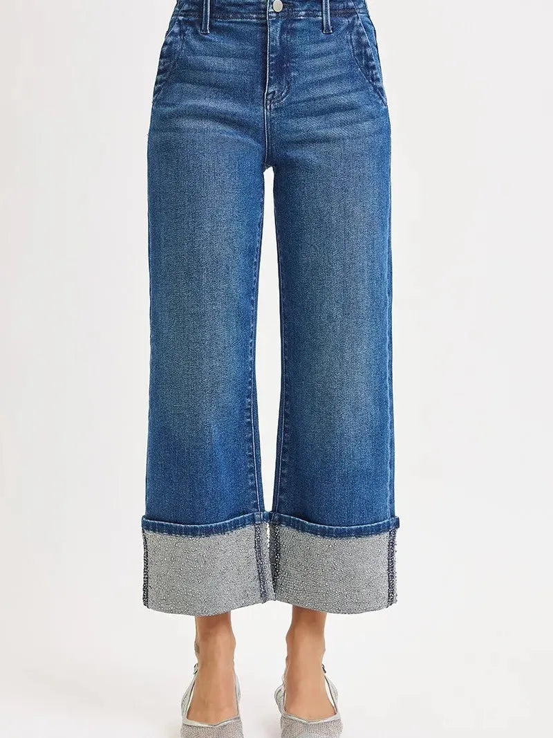 Risen High Rise Rhinestone Rush Ankle Wide Sparkle Cuff Jeans-Women's Jeans-Shop Z & Joxa
