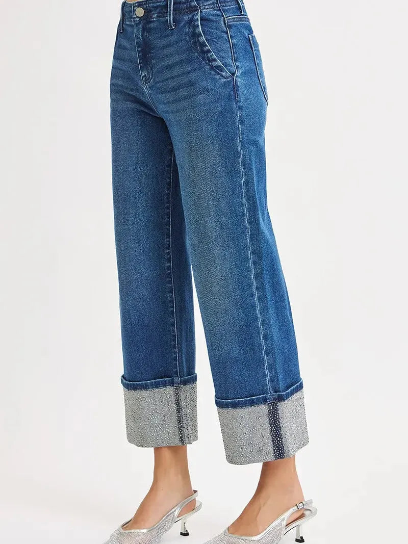 Risen High Rise Rhinestone Rush Ankle Wide Sparkle Cuff Jeans-Women's Jeans-Shop Z & Joxa