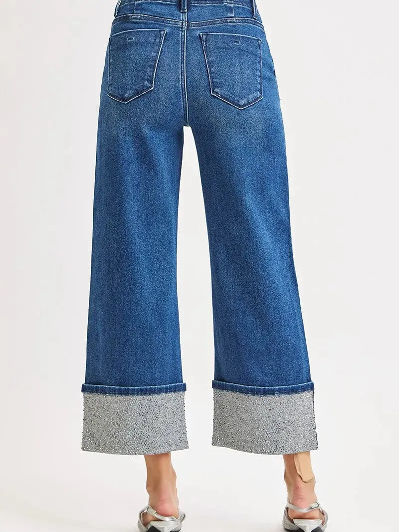 Risen High Rise Rhinestone Rush Ankle Wide Sparkle Cuff Jeans-Women's Jeans-Shop Z & Joxa