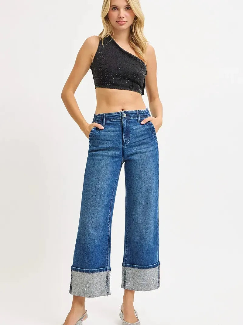 Risen High Rise Rhinestone Rush Ankle Wide Sparkle Cuff Jeans-Women's Jeans-Shop Z & Joxa