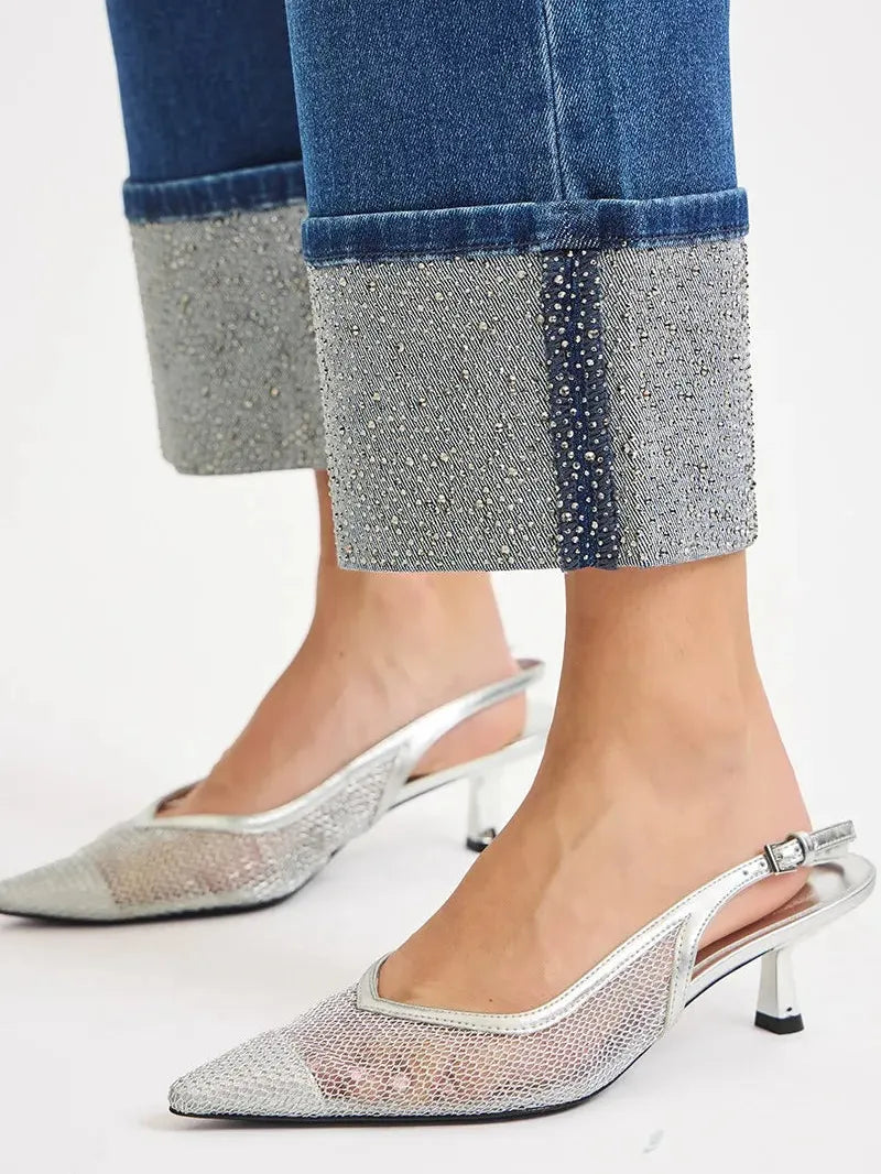 Risen High Rise Rhinestone Rush Ankle Wide Sparkle Cuff Jeans-Women's Jeans-Shop Z & Joxa