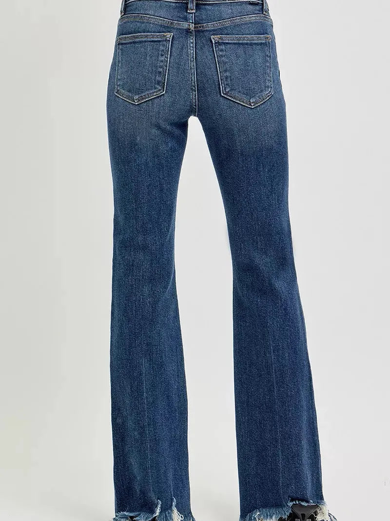 Risen Indigo Flare Frayed Hem Mid Rise Dark Wash Jeans-Women's Jeans-Shop Z & Joxa