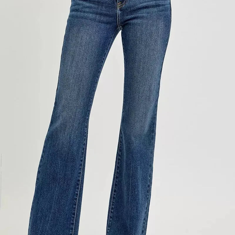 Risen Indigo Flare Frayed Hem Mid Rise Dark Wash Jeans-Women's Jeans-Shop Z & Joxa