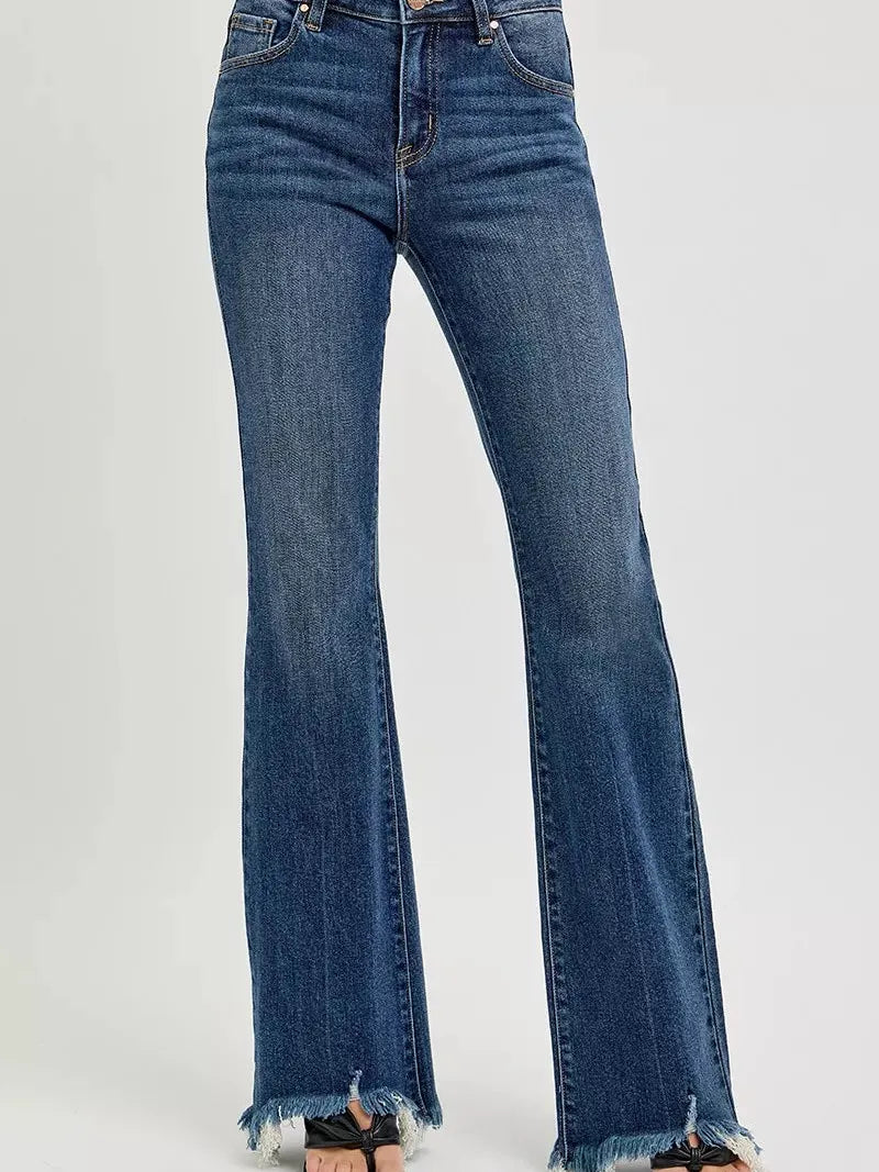 Risen Indigo Flare Frayed Hem Mid Rise Dark Wash Jeans-Women's Jeans-Shop Z & Joxa