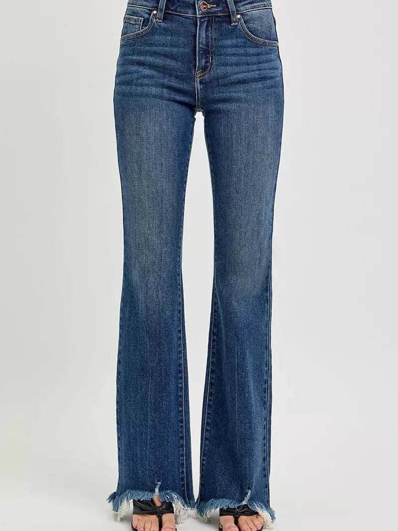 Risen Indigo Flare Frayed Hem Mid Rise Dark Wash Jeans-Women's Jeans-Shop Z & Joxa